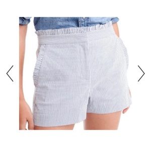 J Crew Blue White Striped Ruffle Cotton Blend Seersucker Shorts